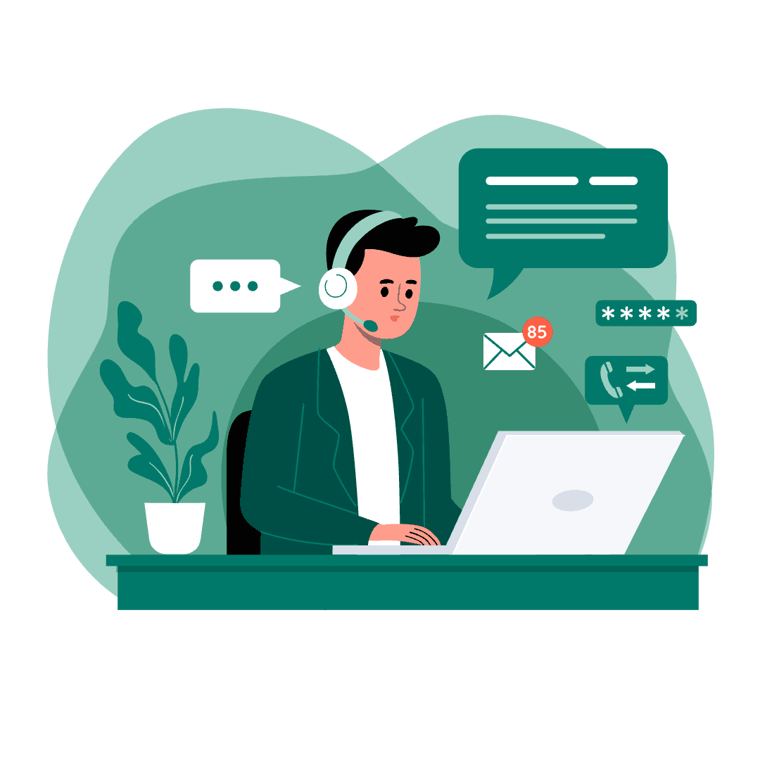 Call center agent focused on laptop, surrounded by chat bubbles representing customer interactions.