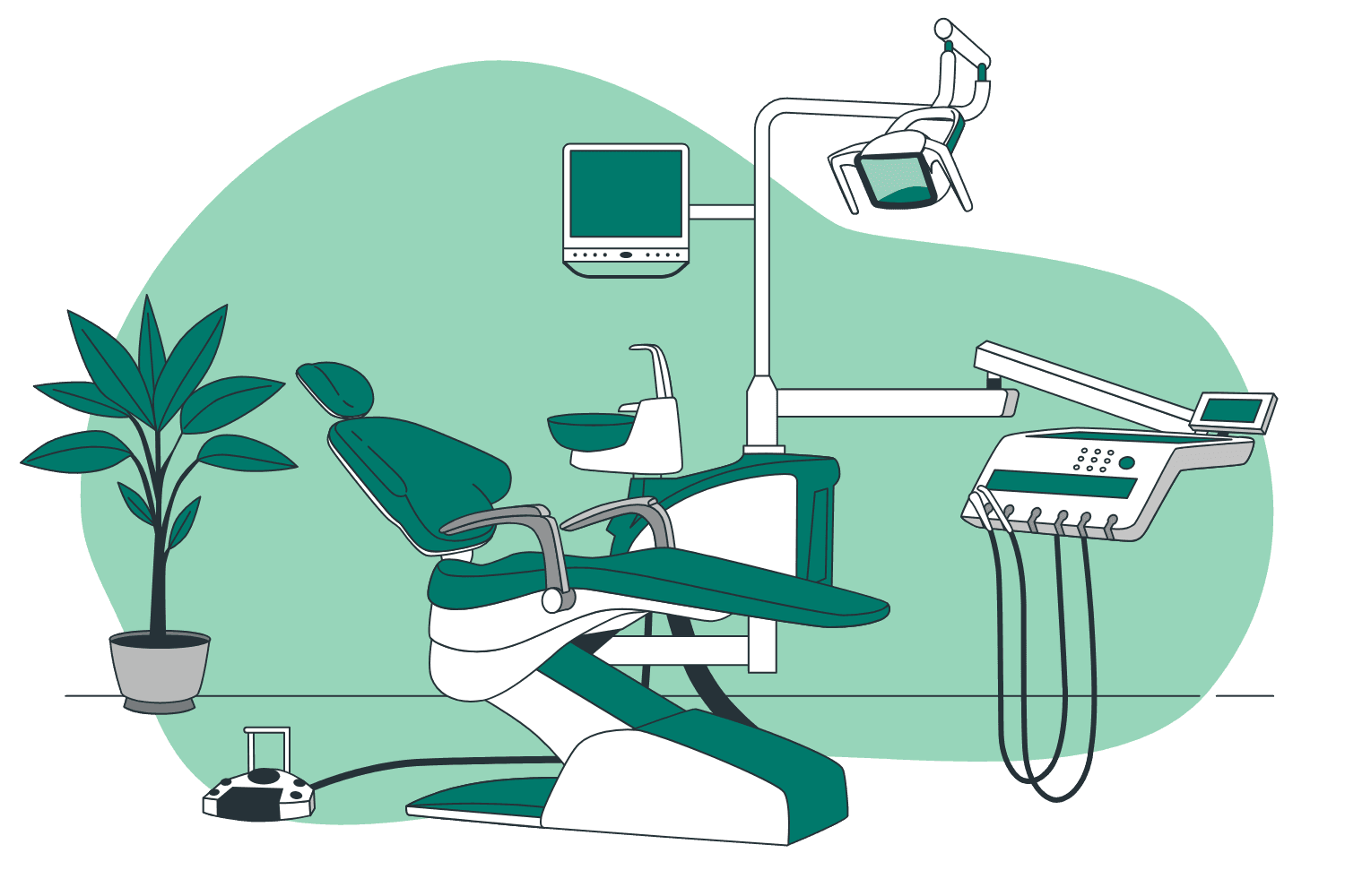 A dentist's office featuring a dental chair.